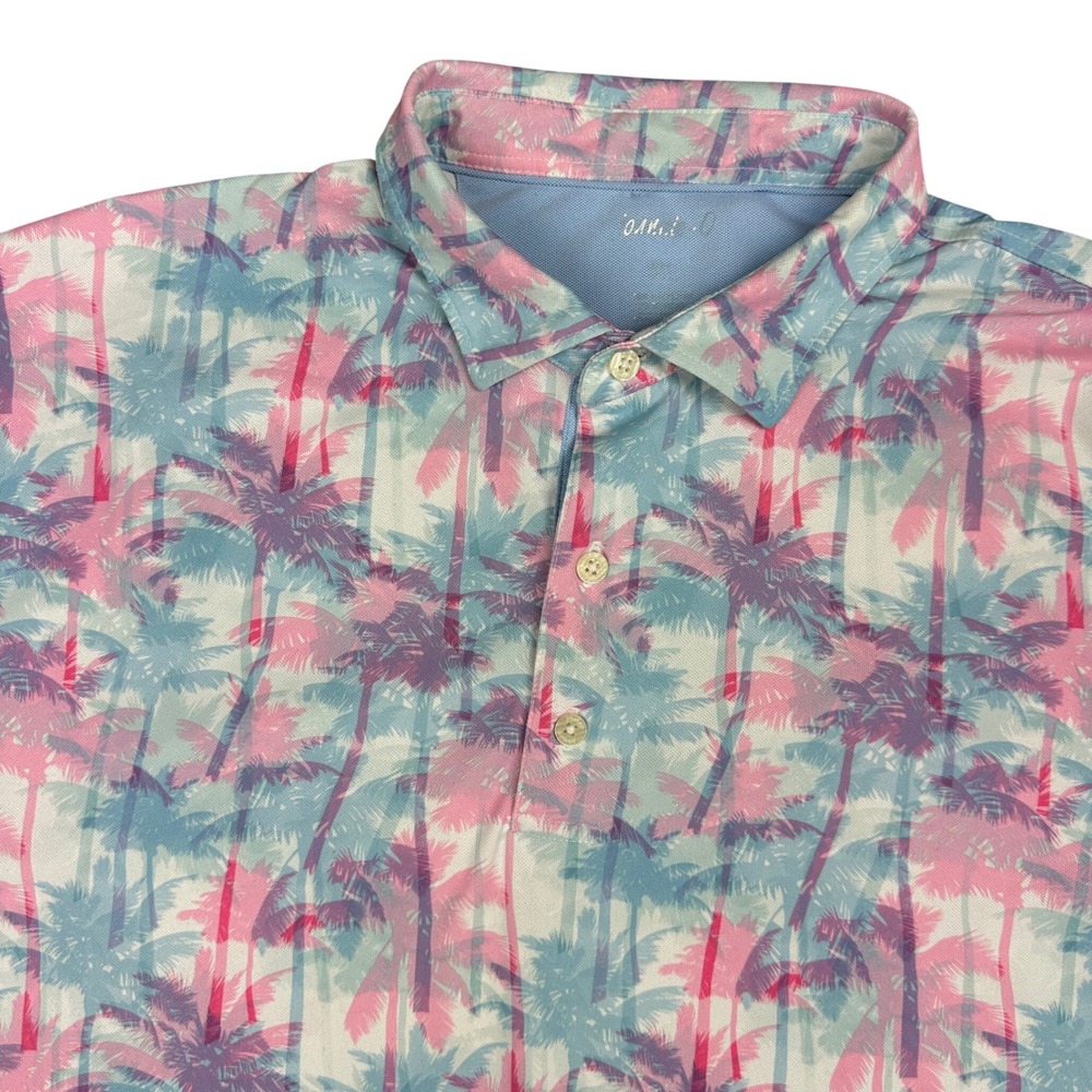 Johnnie O Golf Mens XL Polo Shirt Pink Blue Palm Tree Tropical Performance Pique